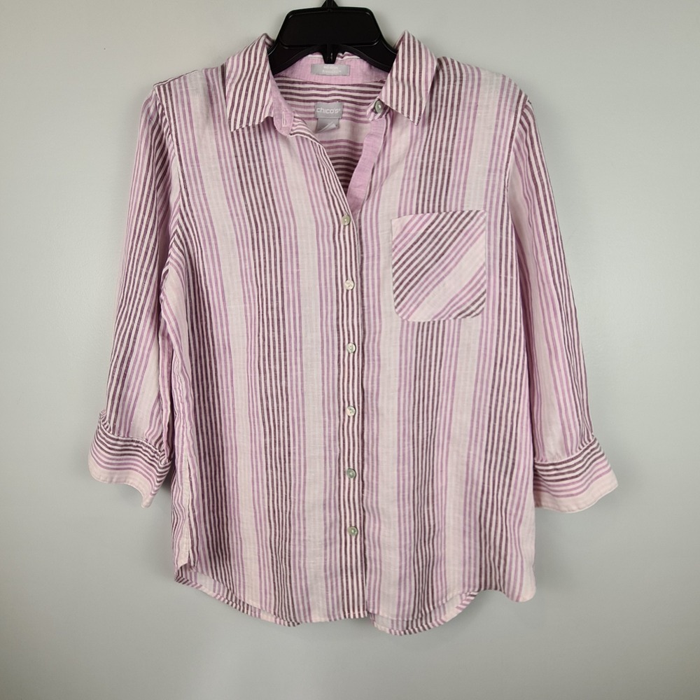 Chico's 1 Women's 8/10 Shirt 100% Linen No Iron 3/4‎ sleeve button up striped